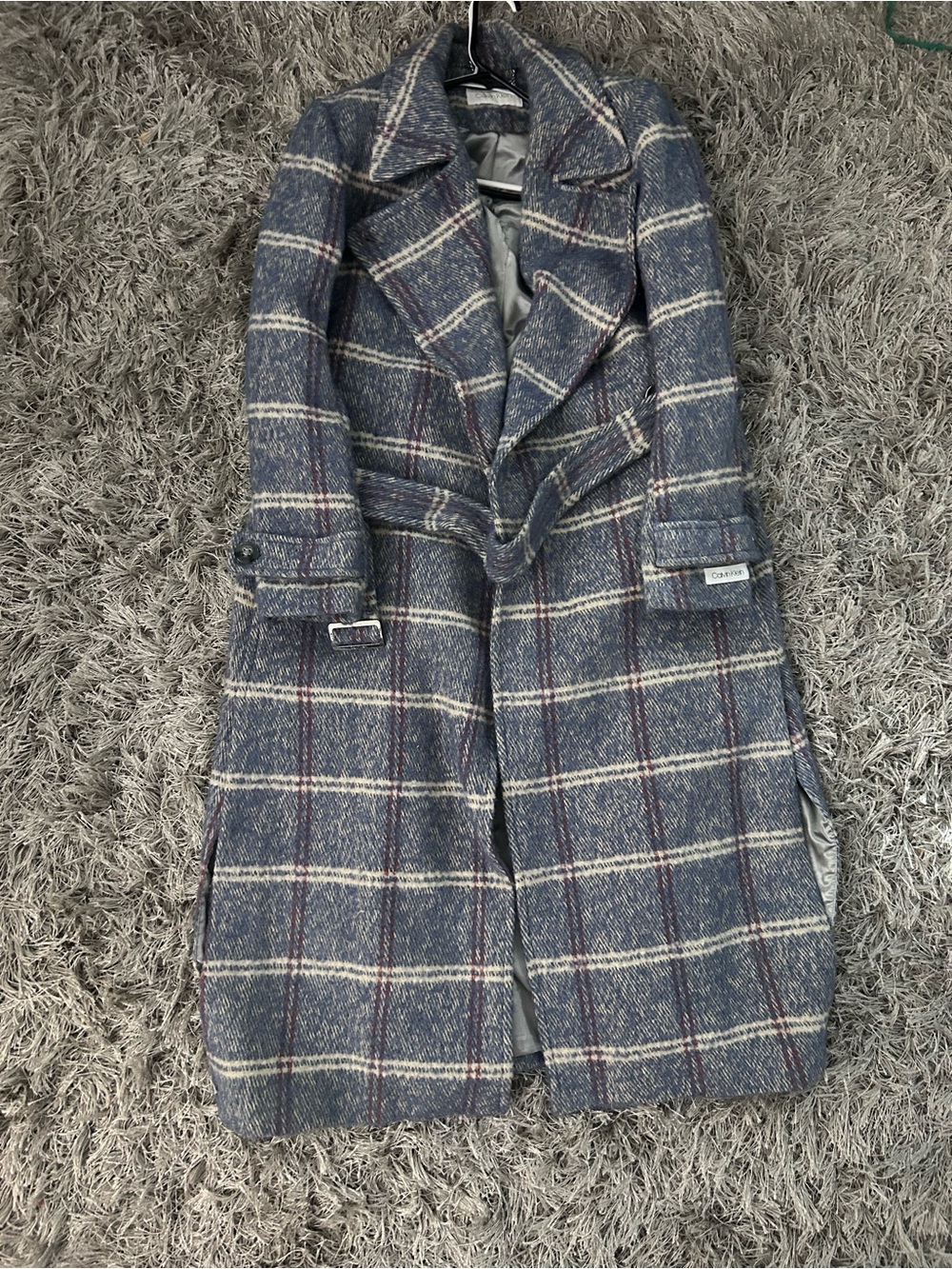 Calvin Klein Blue Plaid Wool-Blend Trench Coat